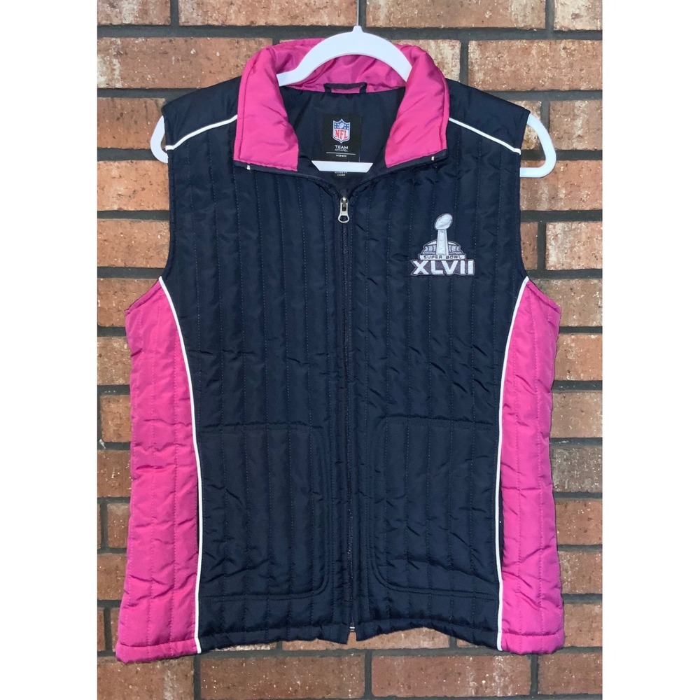 NFL Team Apparel Women Super Bowl XLVII Quilted Vest Navy Blue Pink New Orleans‎